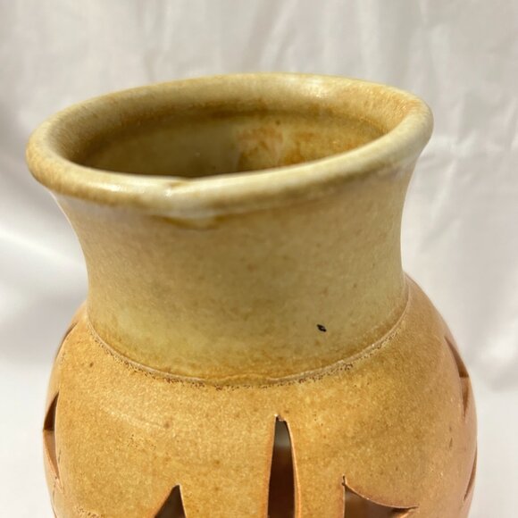 Walt Glass Art Pottery Signed Desert Brown Drip Cut Out Candle Holder Luminary - Picture 13 of 14